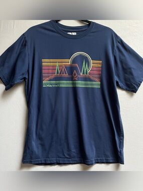 Marmot Mens Navy Blue Graphic Tee Multicolor Sunset Camp Shirt Tag L Fits M